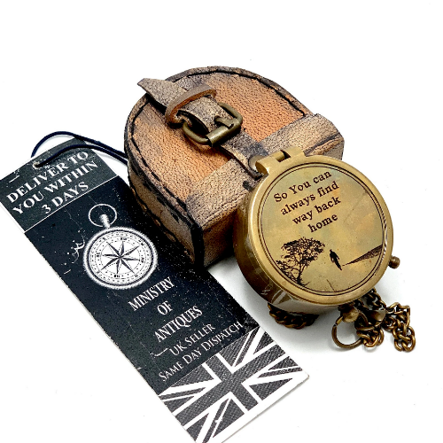 ENGRAVED POCKET COMPASS & KEYCHAIN NAUTICAL HANDMADE COMPASS & LEATHER POUCH