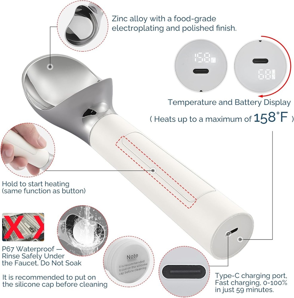 Rechargeable Heated Ice Cream Scoop 2oz White
