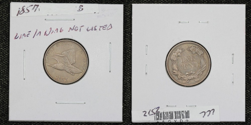 1857 Flying Eagle Cent Line in Wing Not Listed Mint Error AU+ Brown 5GYD