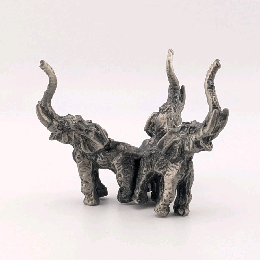 Vintage Metal Elephant Statue Figurine Three Elephants Trunk Raised Up Good Luck