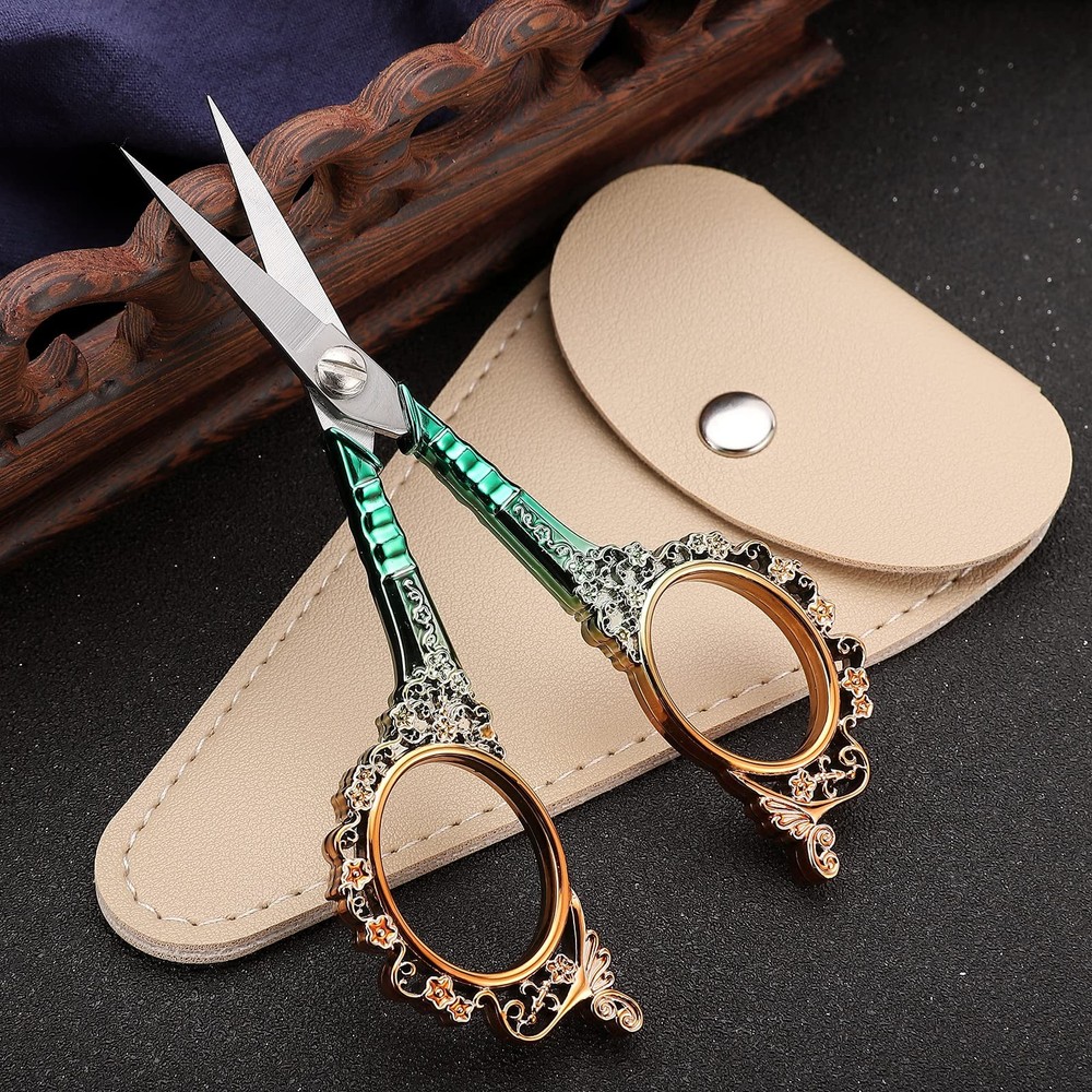 HITOPTY Sewing Scissors Sharp Embroidery with Sheath, Gold Green