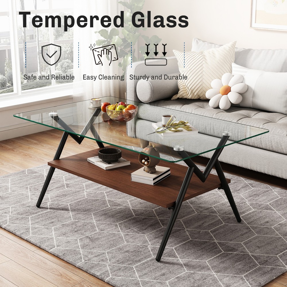 Rectangular coffee table with tempered glass top and black metal legs