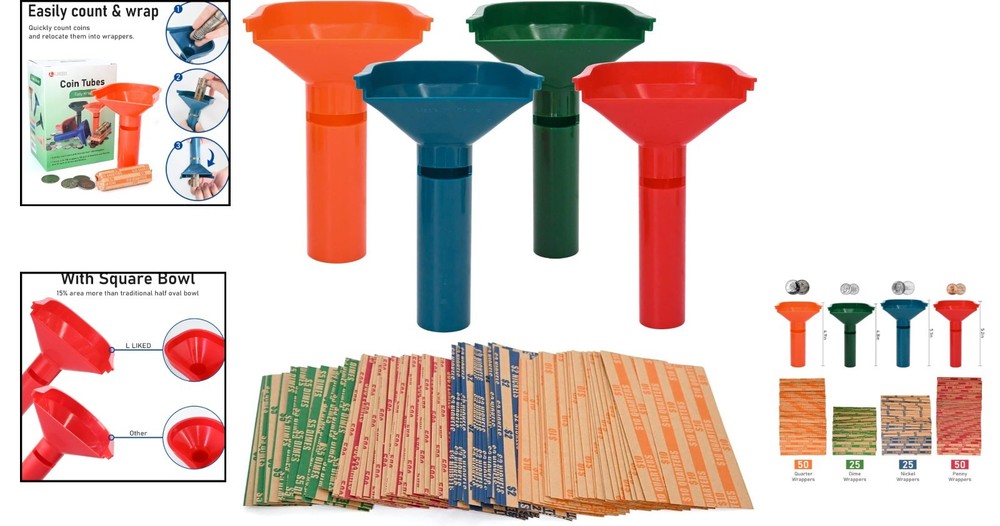 150 Flat Striped Coin Wrappers & 4 Easy-Load Sorting Tubes for Efficient Coining