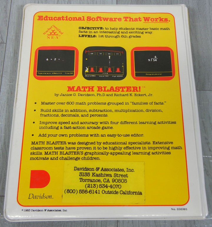 MATH BLASTER Commodore 64/128 Atari 800/1200/65/130 Computer w/Davidson Software