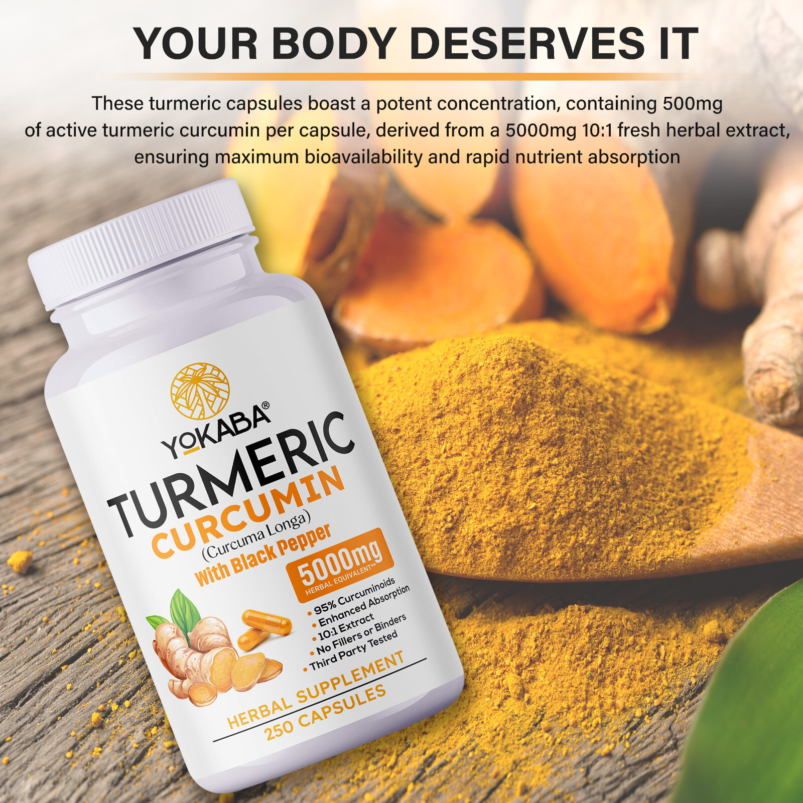 250 Capsules Turmeric Curcumin 5000mg Herbal Extract with BioPerine by YOKABA