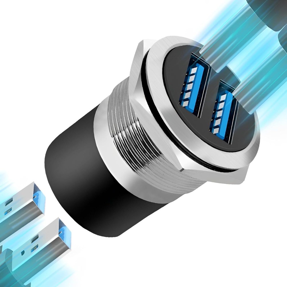Dual USB 3.0 Panel Mount Adapter - Threaded Round Connector with Black