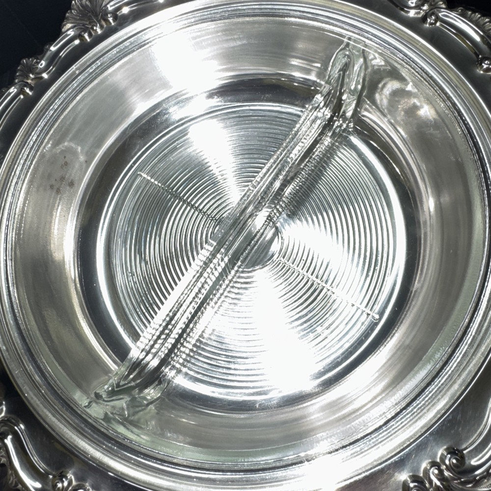 Silver- plated covered,divided dish insert (mid‑century, Rococo style)