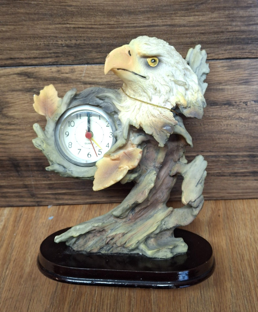 Vintage Desk Clock Bald Eagle Handmade Hand Painted Quartz Movement