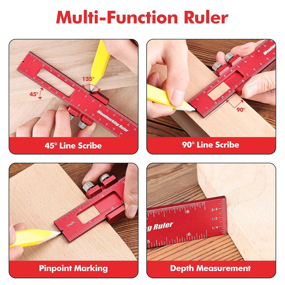 3PCS Woodworking Ruler Set Precision Pocket Ruler with Adjustable Slide Stop A