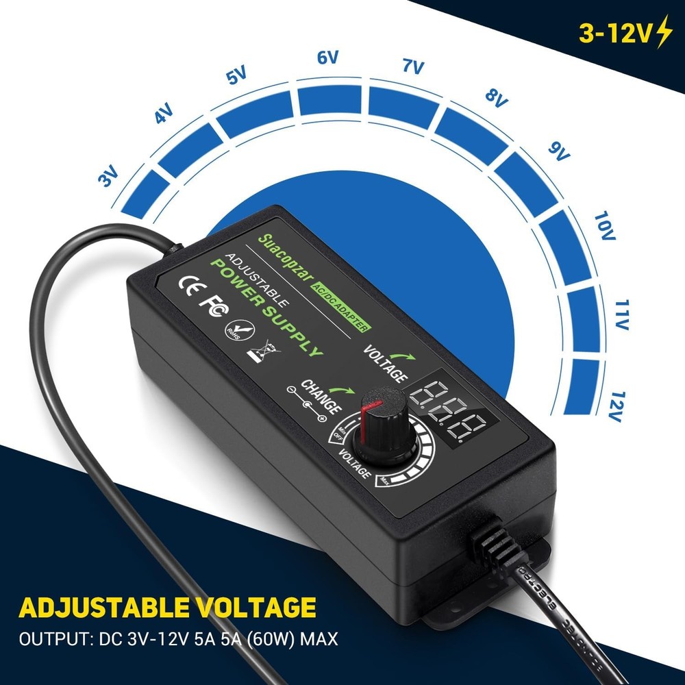 60W Power Supply Adjustable DC 3V ~ 12V 5A, Variable Universal 3-12V 5A
