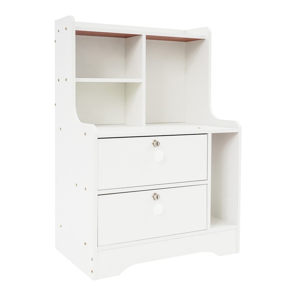 2 Drawers Side Table, White Storage Cabinet, Nightstand, Bedside Table W/ 4*Keys