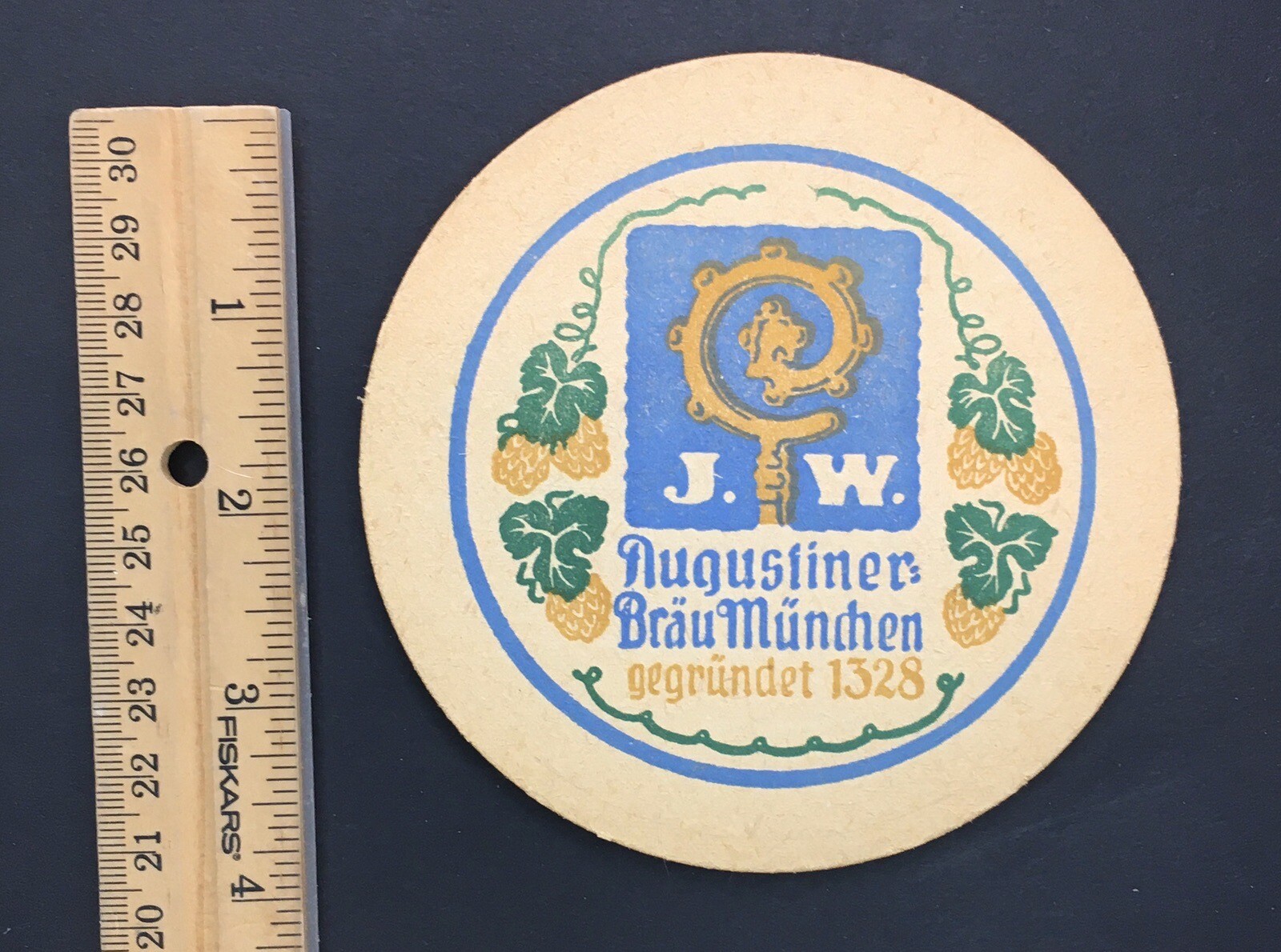 Vintage J.W. Augustiner Brau Bier German Beer Coaster Blue Green Gold