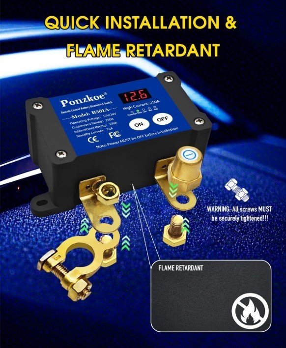 250A Smart Remote Battery Disconnect Switch 12V 24V - Quick Kill Switch for Car,