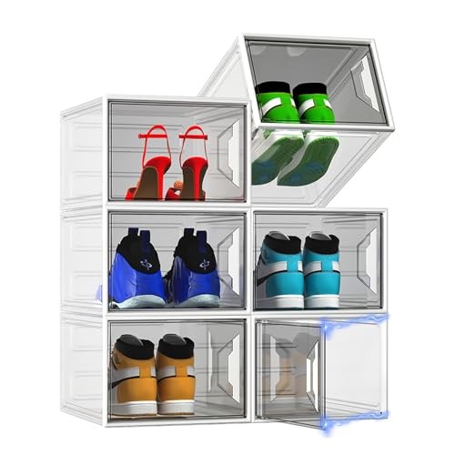 X-Large Stackable Shoe Boxes - Clear Plastic Shoe Storage Boxes 6 Pack White