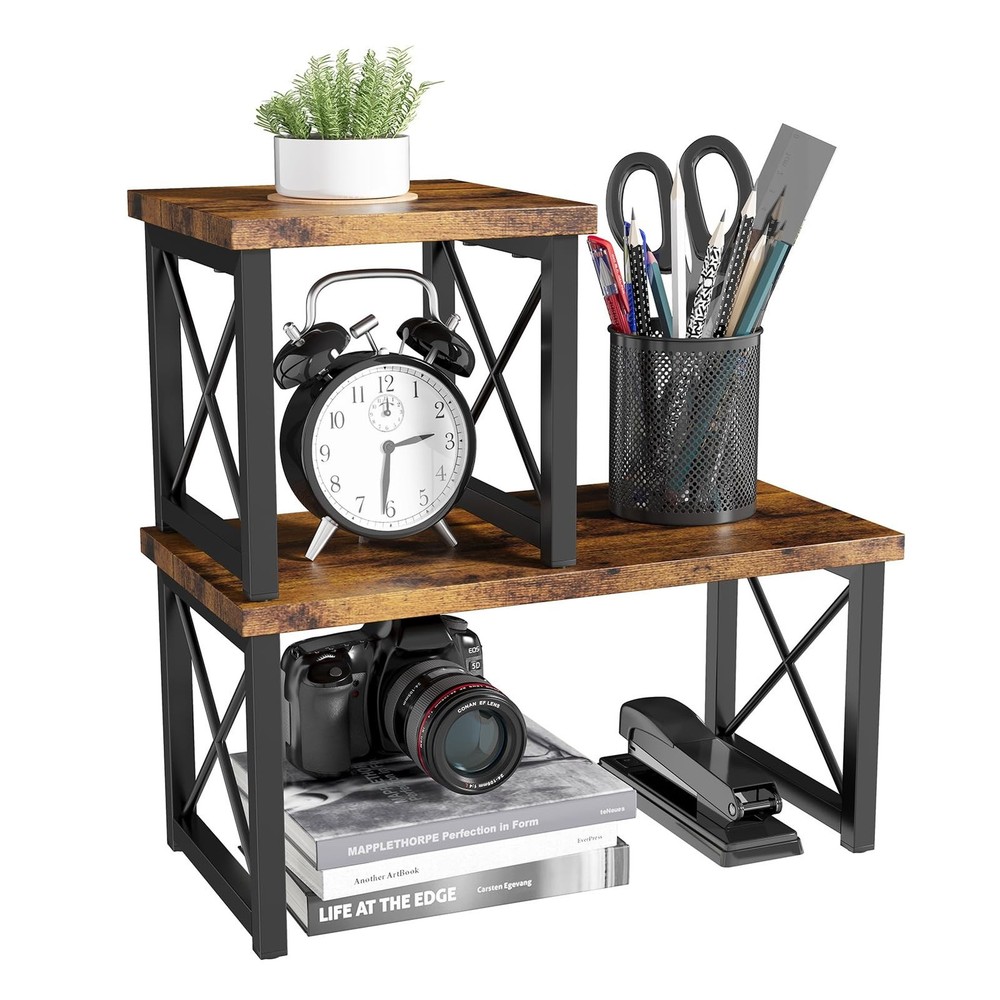 Desk Shelf, 2 Tier Wood Desktop Bookshelf, Adjustable Freestanding Stackable ...