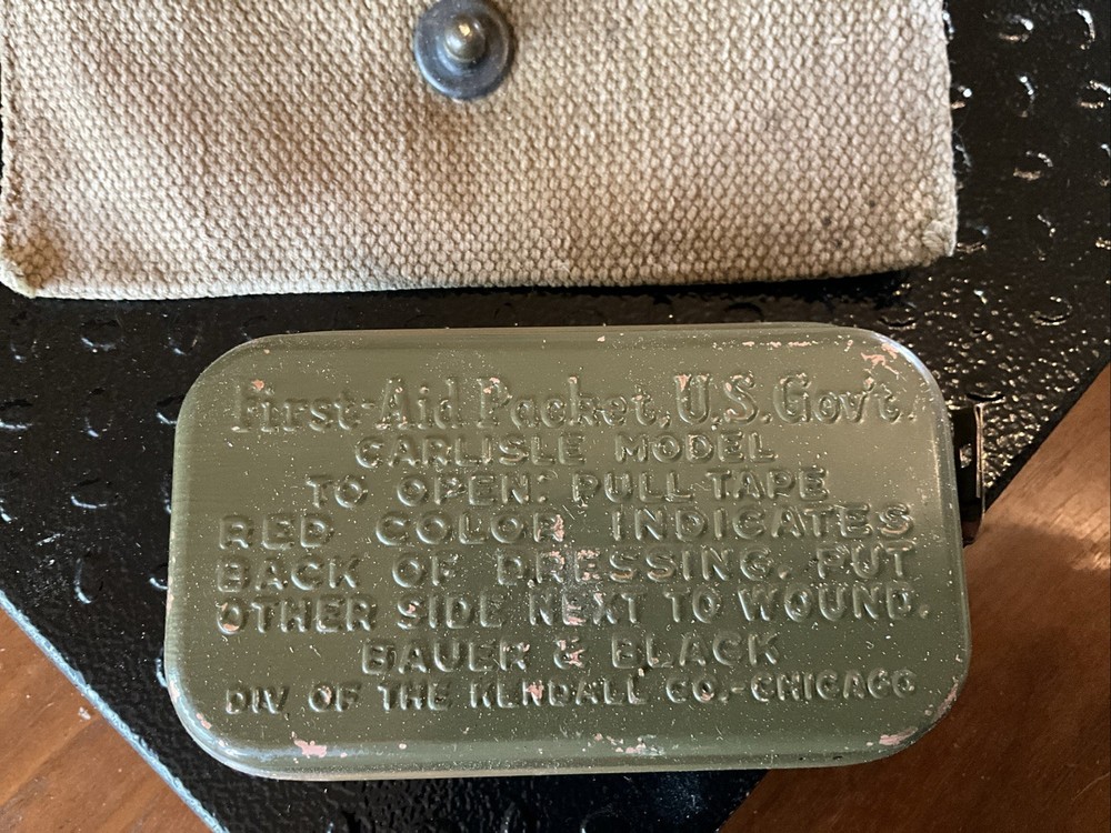 Carlisle WW2 Bandage Tin First Aid Pouch Dated 1942 With Unopened Bandage