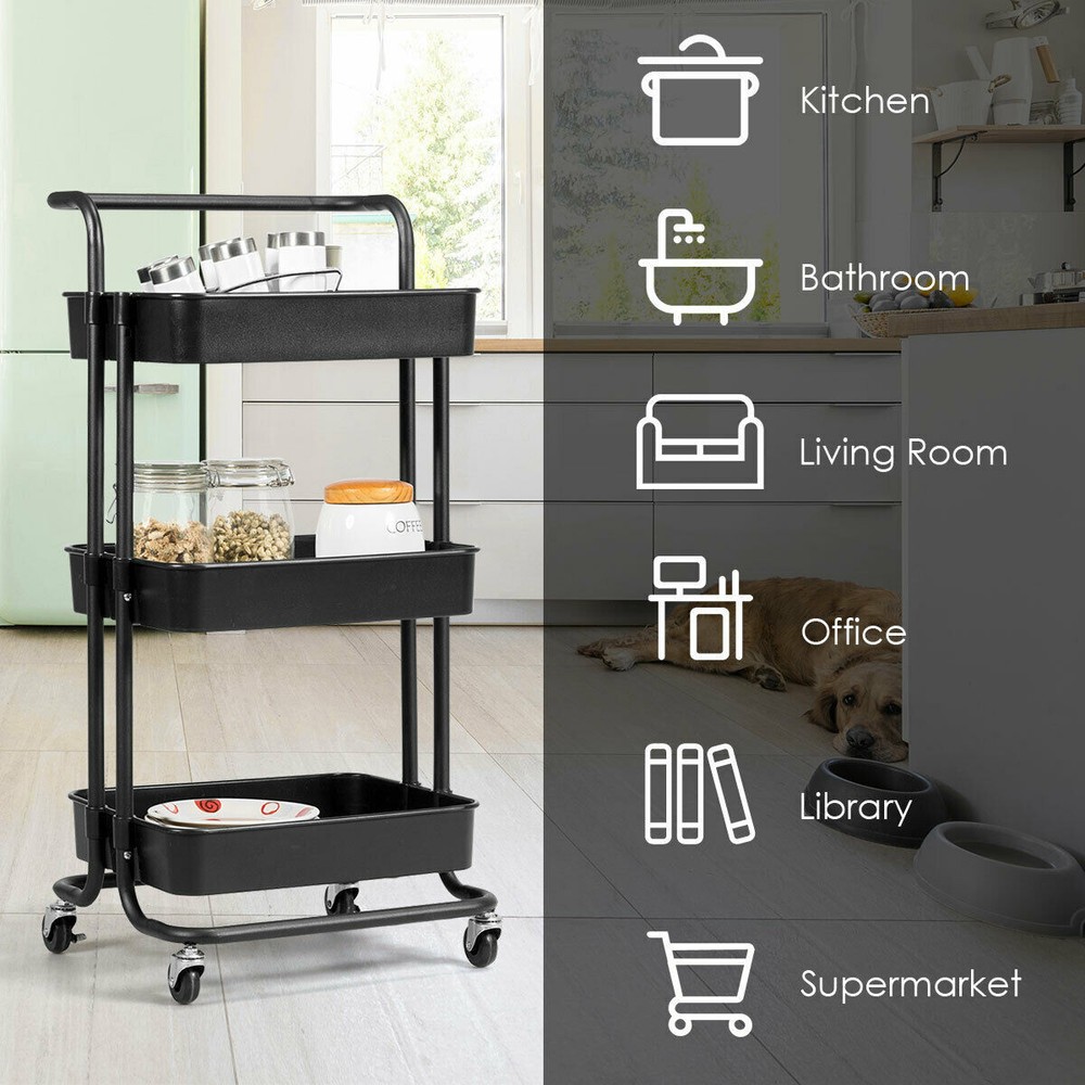 3 Tier Rolling Cart W/Wheels Practical Handle&ABS Storage Basket Organizer Black