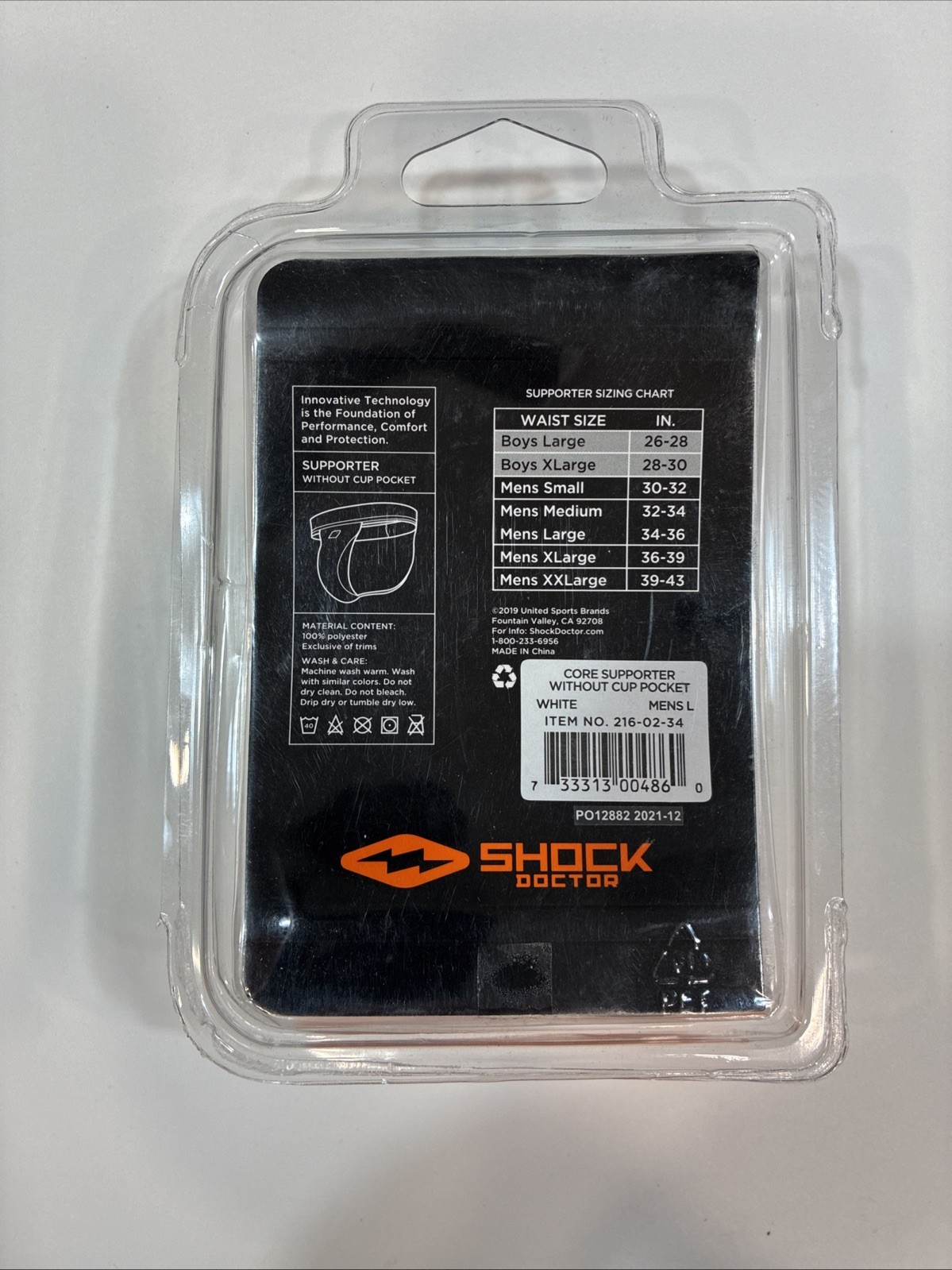 New Shock Doctor Core Athletic Supporter without Cup Pocket - White Large