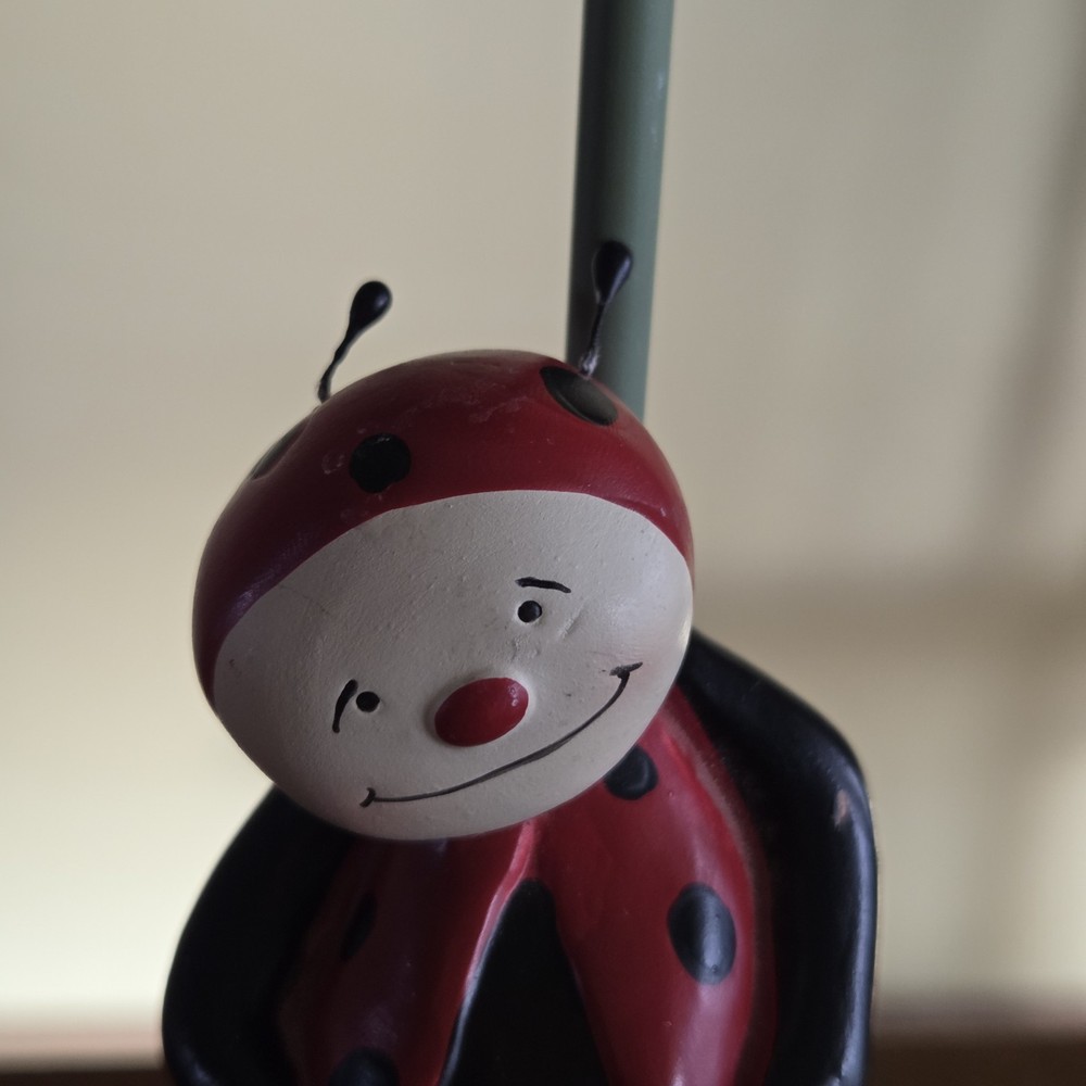 Ladybug Kitchen Timer on Handmade Stand with Anthropomorphic Ladybug Figure 8.5"