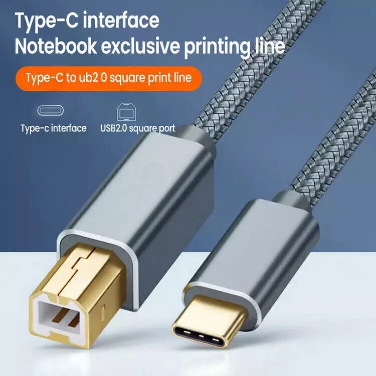 USB-C to USB-B Printer Cable 2.0 Nylon Scanner Printer Epson HP Canon