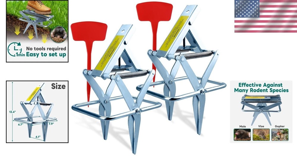 2 Pack Galvanized Steel Mole Traps - Eco-Friendly & Easy Setup for Lawns
