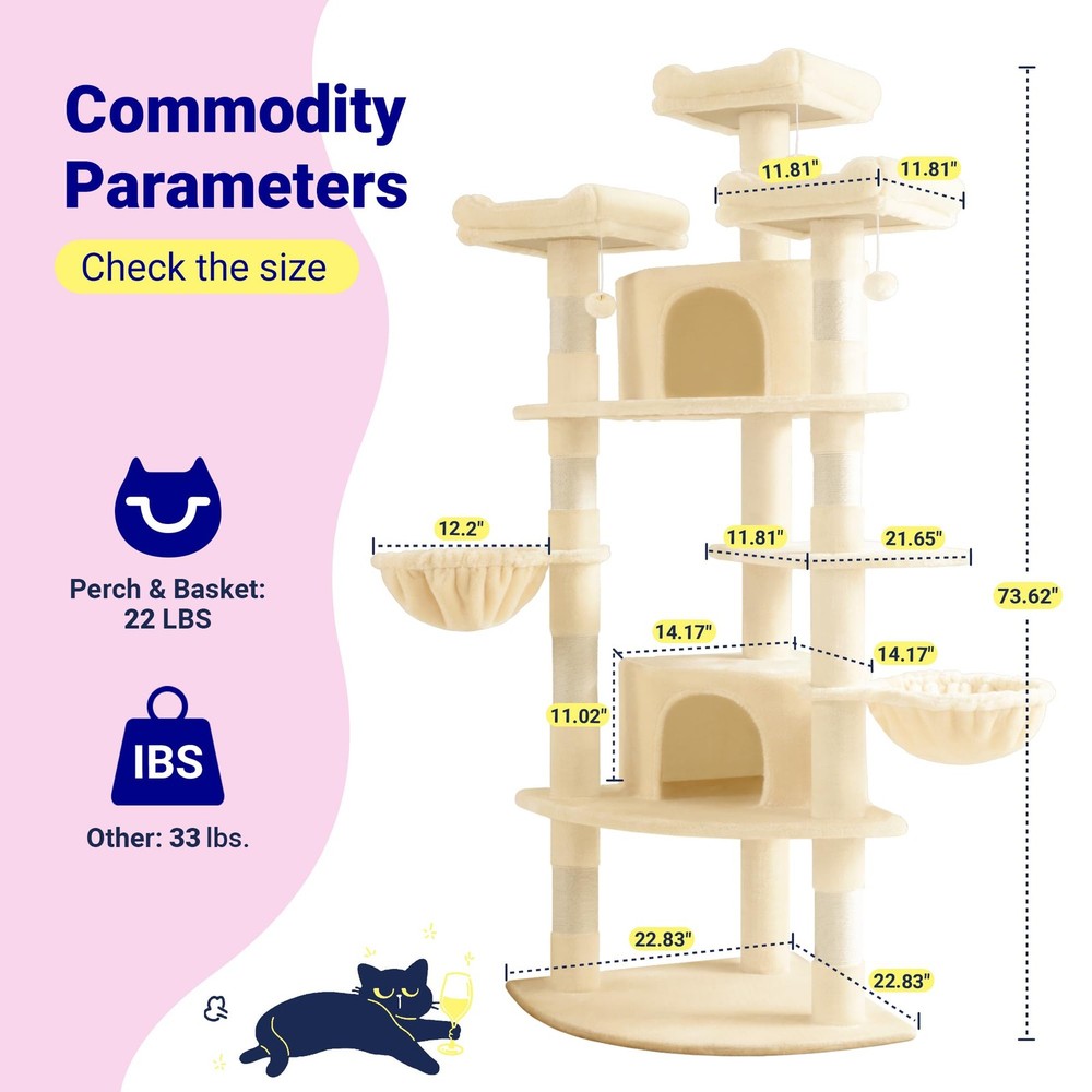73in Fan-Shaped Space-Saving Corner Cat Tower/Multi-Level Tall Cat Tree for I...