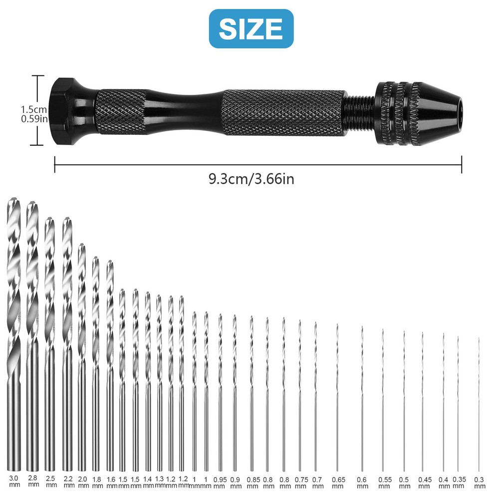 31Pcs Mini Micro Hand Drill Bits Set Small Manual Keyless Chuck Pin Vise Rotary