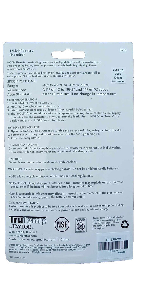 TAYLOR Pocket Test Thermometer Temp Test, LCD, 4 in 35HV49
