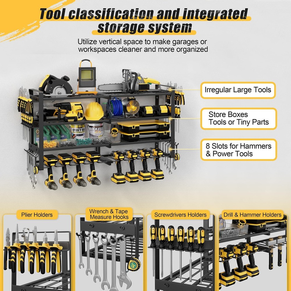 Power Tool Organizer Wall Mount, 4-Tier Tool Storage Rack with 8 Drill Holder...
