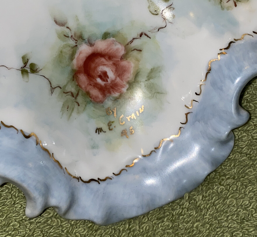 Beautiful German Dish Hand Painted by M. E. Crain dated 1895