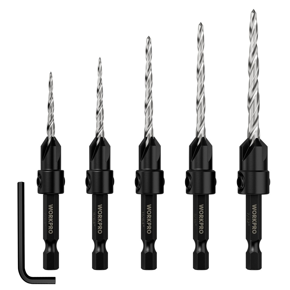 WORKPRO 5PACK HSS Countersink Drill Bit Set Adjustable M2 4-Flute Chamfer Cutter