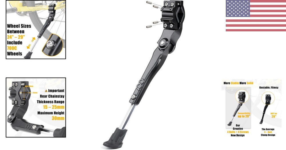 Adjustable Bicycle Kickstand for 24-29" & 700C Bikes - Durable & Stable