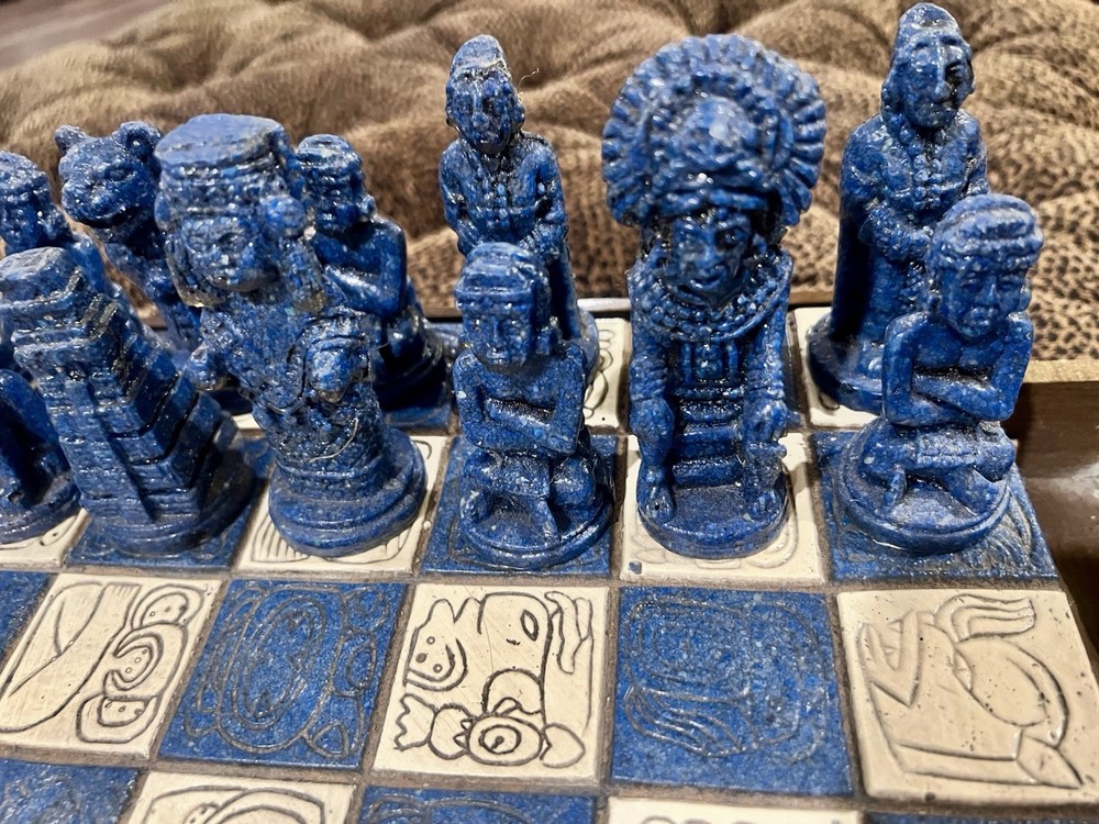 Vintage Handmade Mayan/Aztec Chess Set W/drawer - Complete- Does Not Fold