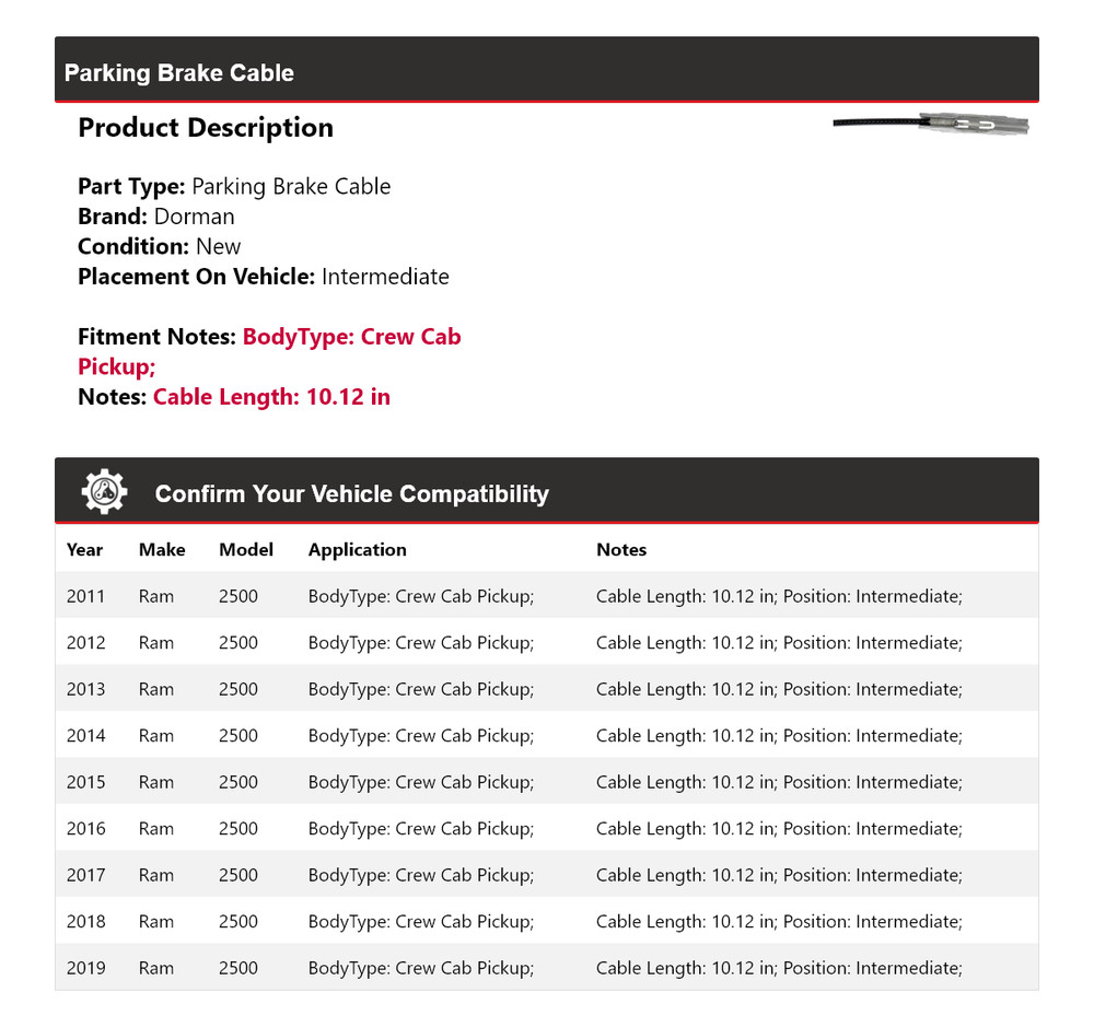 For 2011-2019 Ram 2500 Crew Cab Dorman Parking Brake Cable Intermediate 2012