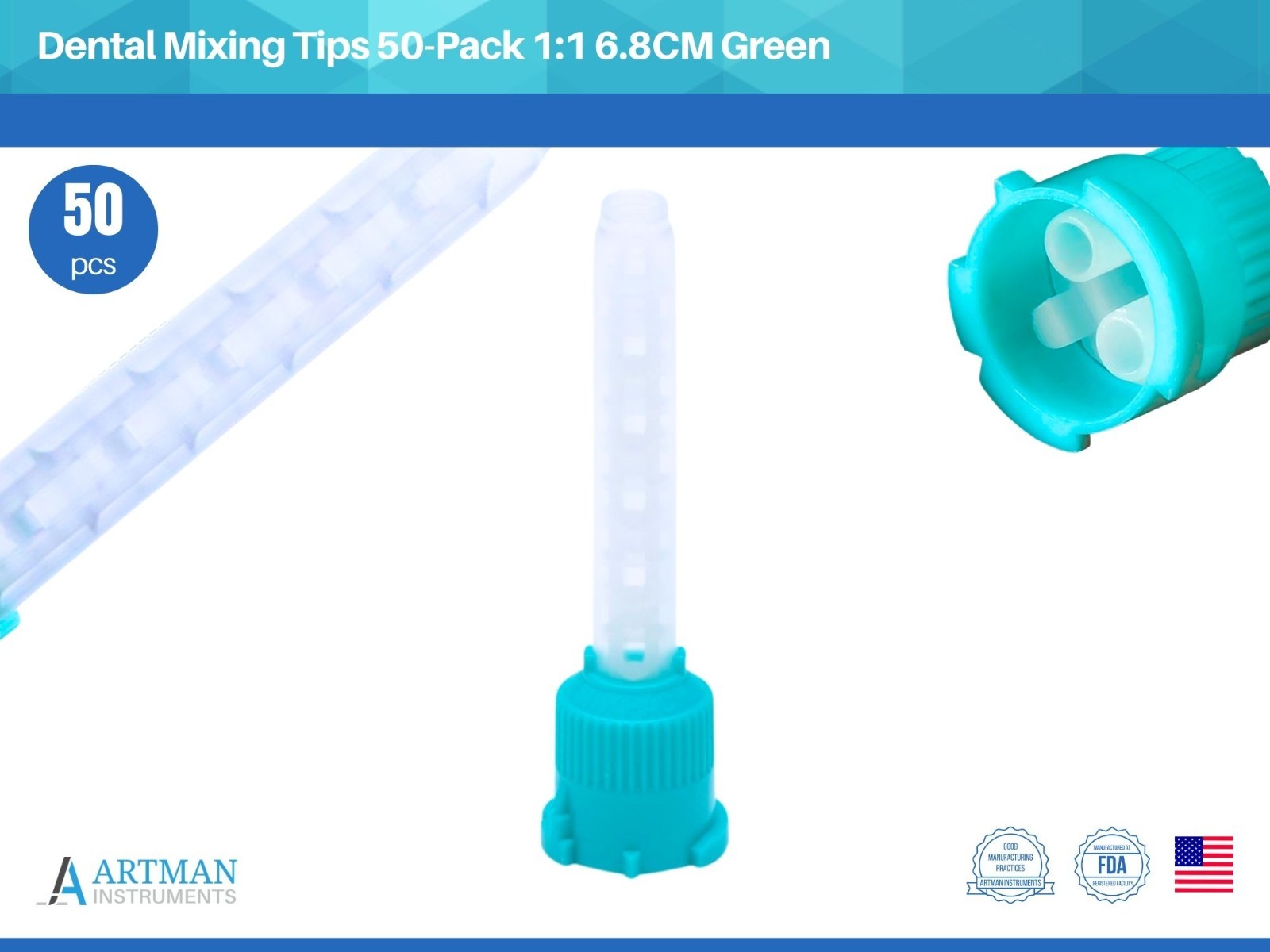Dental Mixing Tips 1:1 Ratio 6.8cm Crown & Bridge Impression, 50-Pack Green