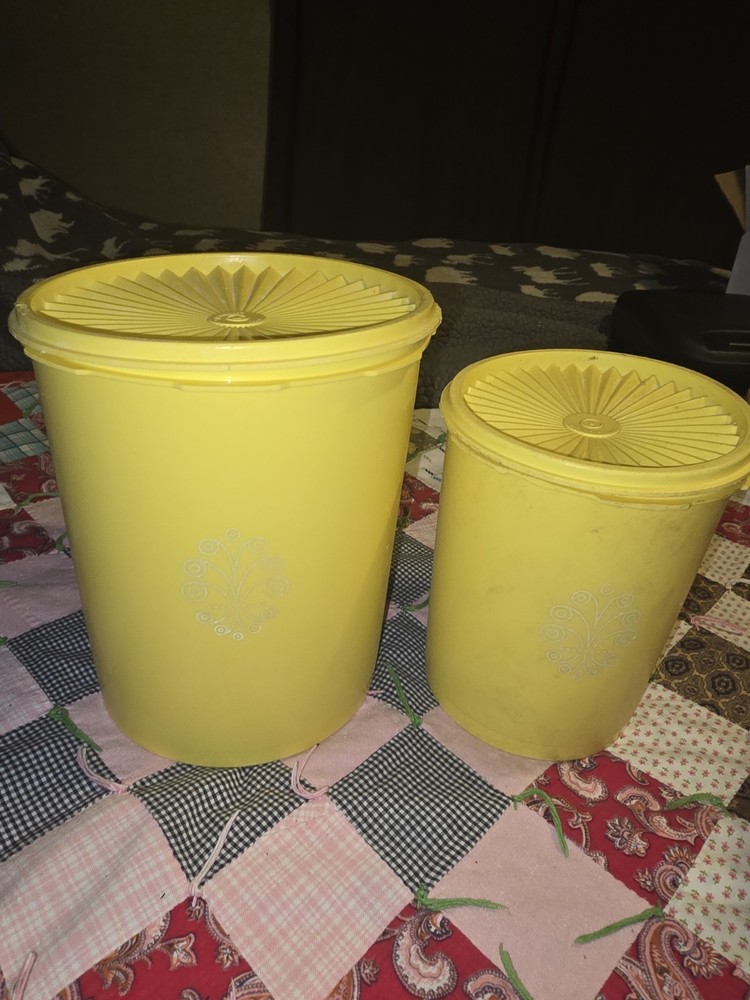Yellow Plastic Cylinder Canister Set of 2 Abstract Pattern