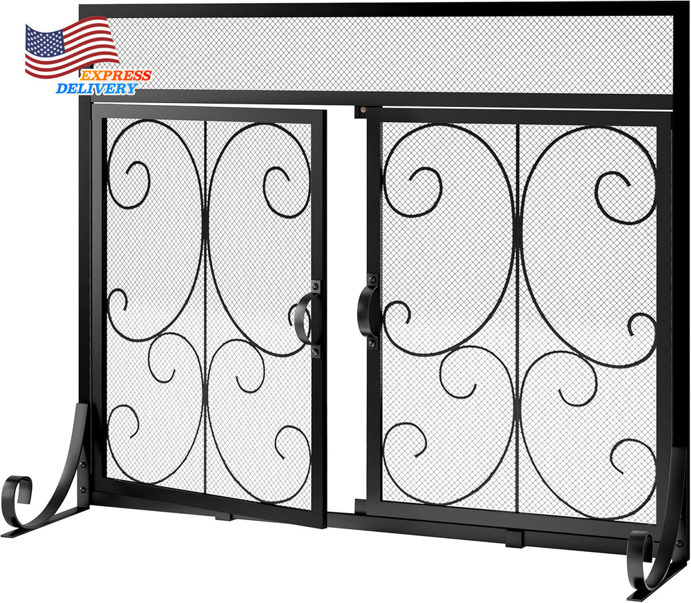 Flat Fireplace Screen with Doors Wrought Iron Frame with Metal Mesh