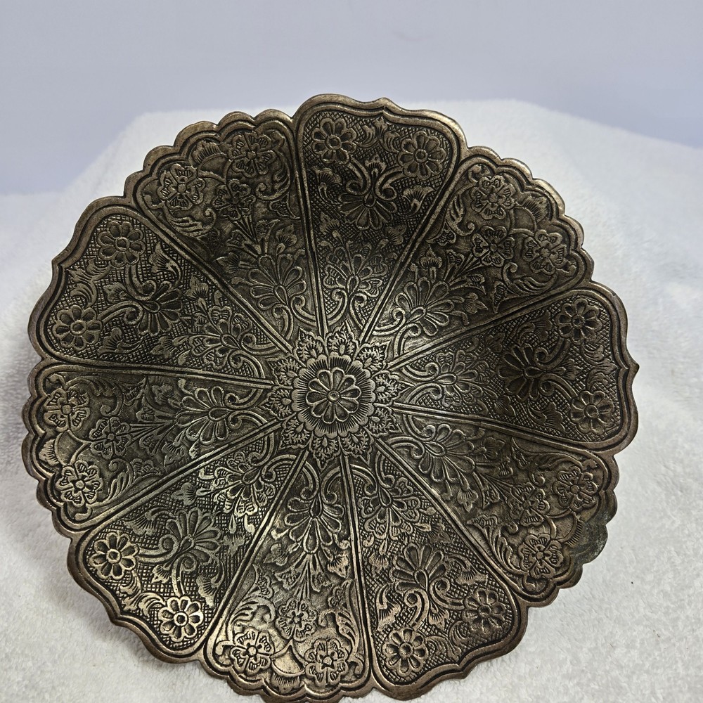 Ornate Solid Floral Footed Dish Bowl 8” Offering Plate Candy Dish Made In India