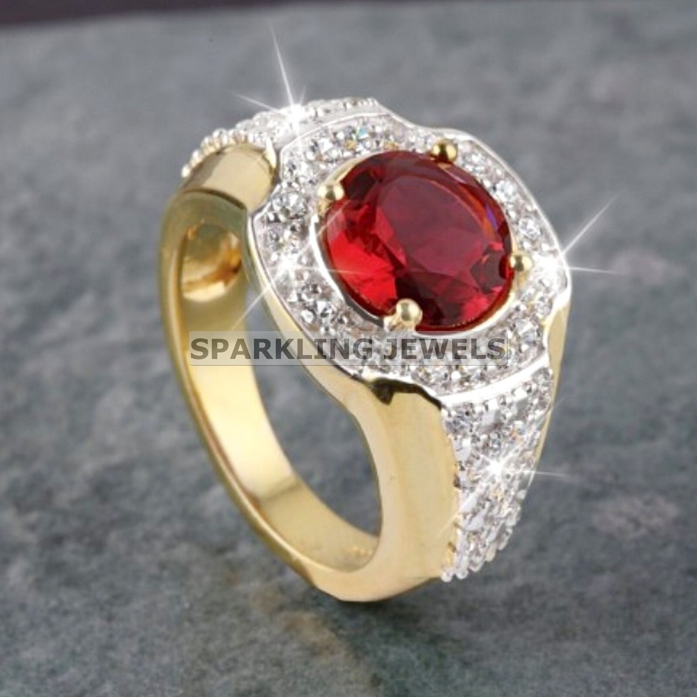 VVS Garnet Round Cut With 14K Solid  Gold  Ring For Men #C205