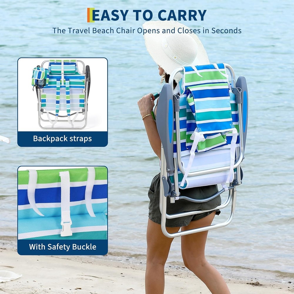 2 PCS Backpack Beach Chairs Lightweight Folding Chairs with Adjustable Backrest