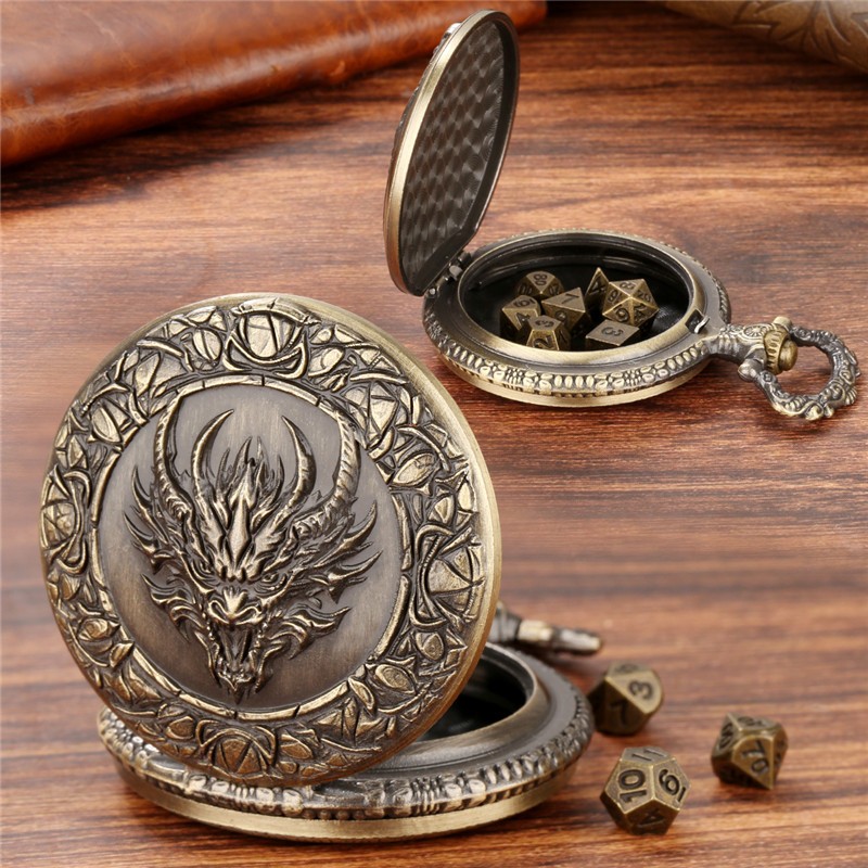 7pcs Solid Metal Polyhedral DND Dice D4-D20 in Dragon Engraved Pocket Watch Case