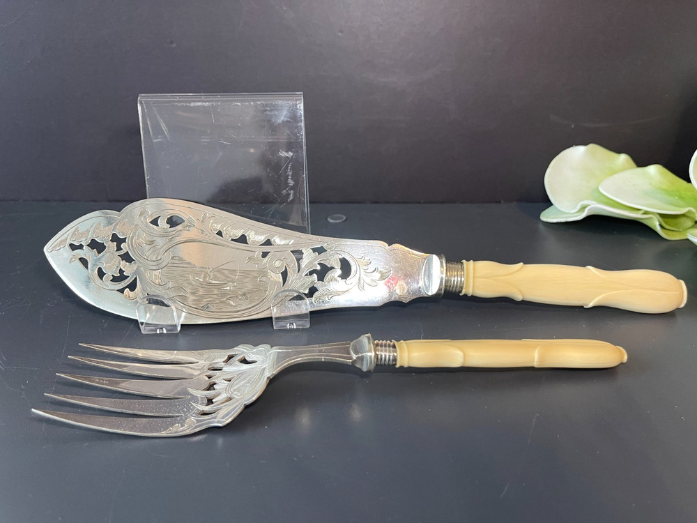 Antique Victorian Silver Plate Serving Fish Knife & Fork Set