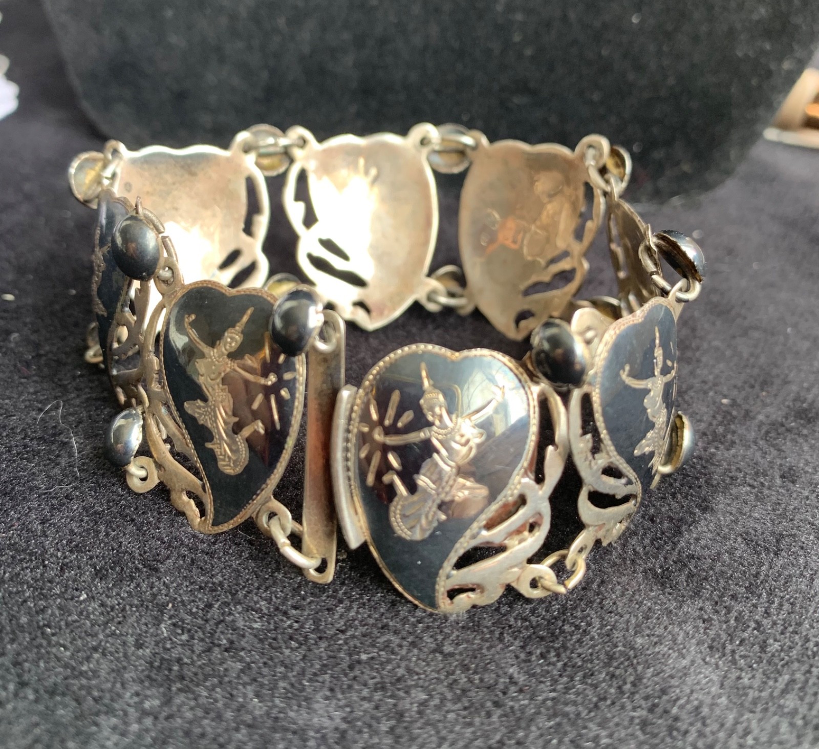 Vintage Siam Sterling Silver Niello Bracelet Thai Goddess Dancers Panel 7”; 22g