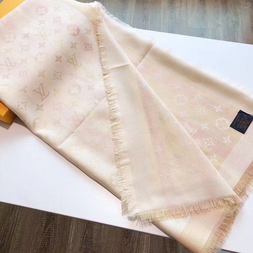SCARF LOUIS VUITTON SCARF SHAWL PONCHO 100% AUTHENTIC CLASSIC SILK BEIGE WHITE