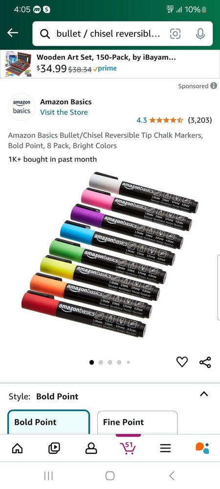 Bullet/Chisel Reversible Tip Chalk Markers, Bold Point, 8 Pack, Bright Colors