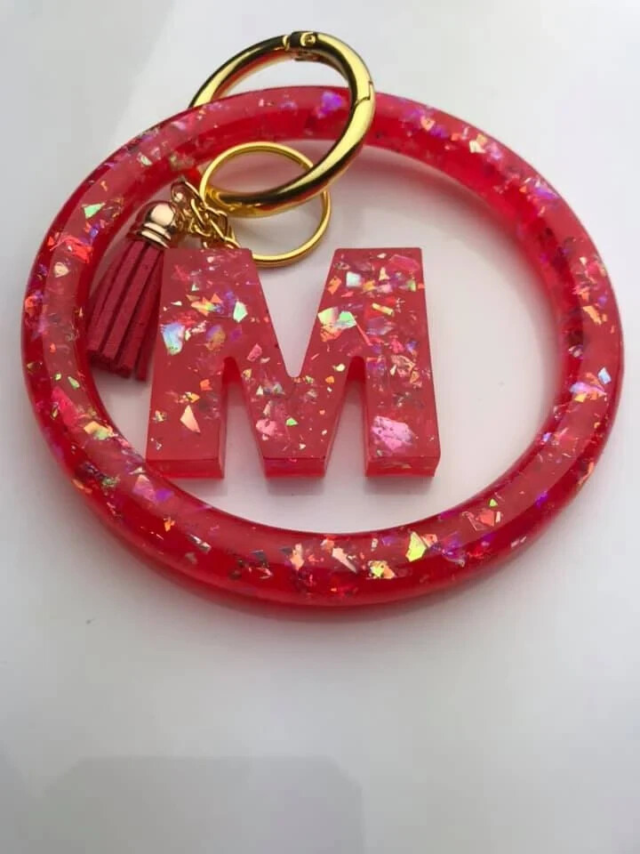 Red Glitter Flakes Resin Keychain Bracelet Set