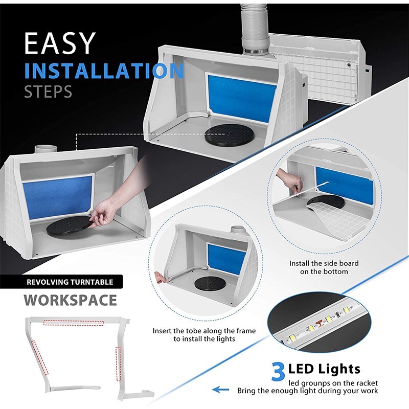 Dual Fans Portable Airbrush Paint Spray Booth Kit W/ 3 LED Lights Gray