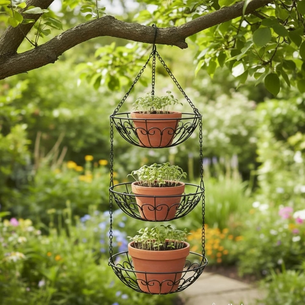 3-Tier Hanging Fruit Basket Heavy Duty Wire Baskets Kitchen Rustic Hanging