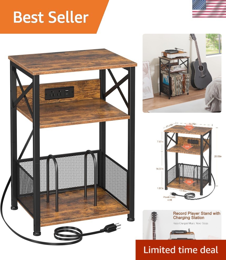 Rustic Brown Turntable Stand with Storage for Over 100 Records & USB Charging