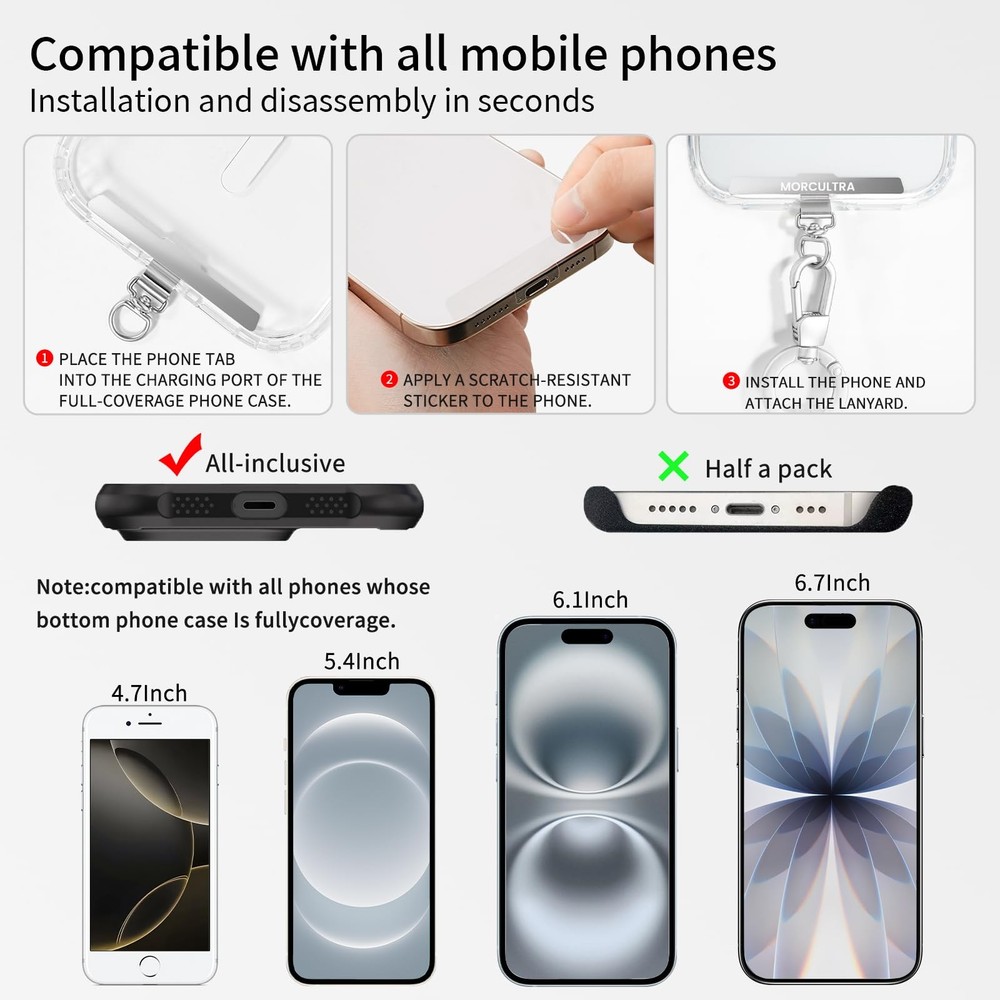 MORCULTRA Phone Tether Tab,Metal Lanyard Patch & Small, Black+black